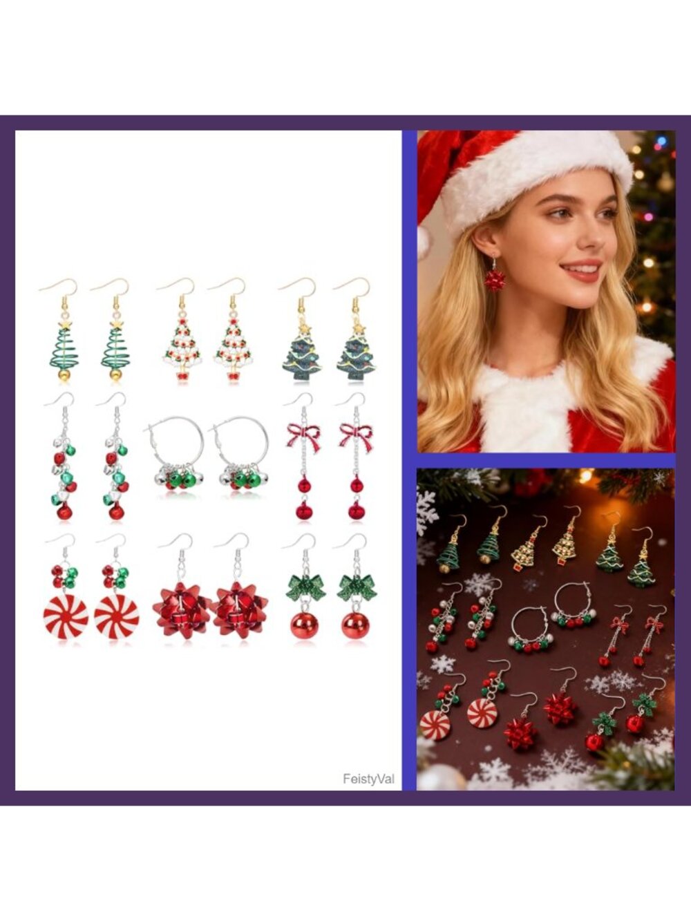 Christmas Dangle Earrings Set 9 Pairs Holiday Drop
